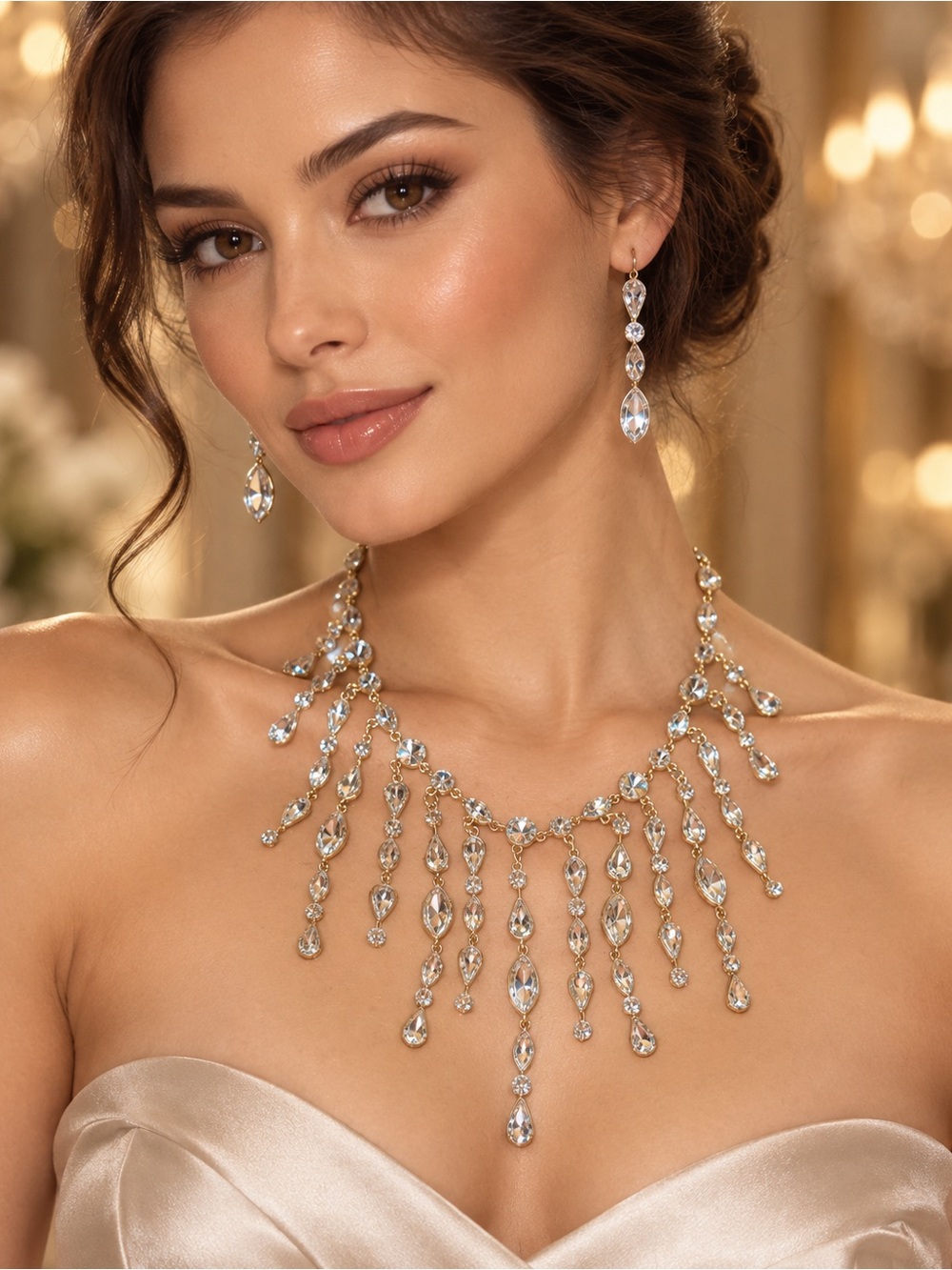 IC COLLECTION Gold and Clear Crystal Teardrop Necklace & Earring Set